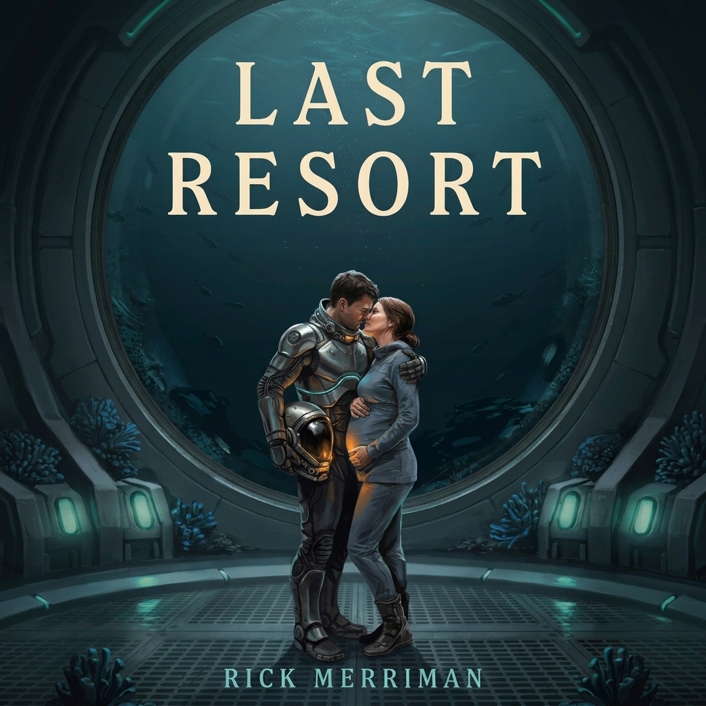 A pregnant woman kisses her husband befor a dangerous mission in their underwater city.