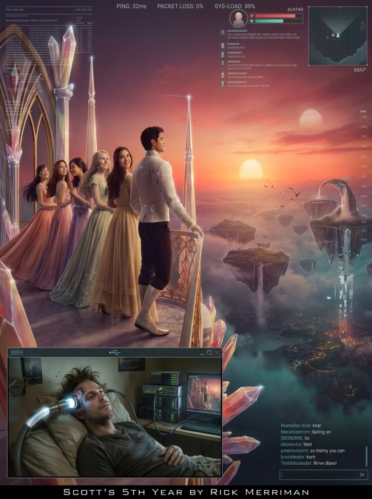 A Man in virtual reality with 6 gorgeous girlfriends stare at a beautiful world