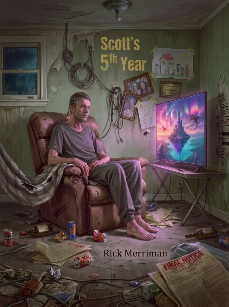 A disheveled in a grungy house connected to virtual reality by a porrt in his temple
