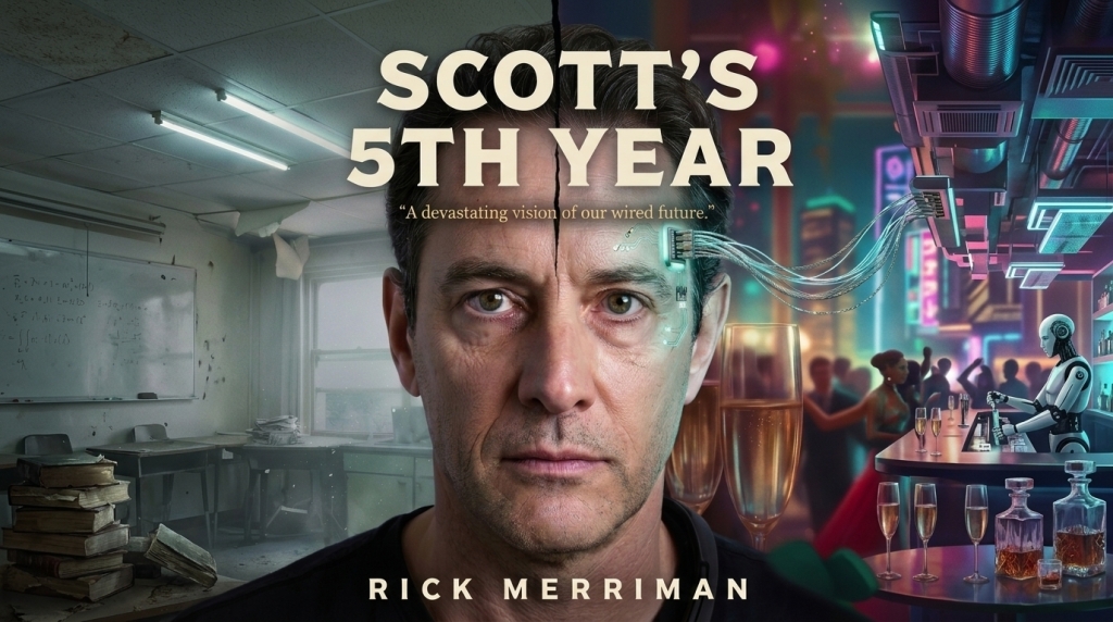 A Man in a dismal apartment is connected to virtual reality via a port in his temple in the story Scott's 5th Year