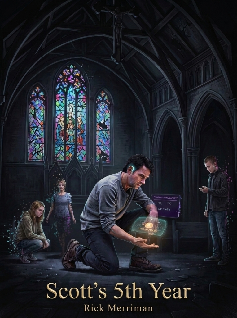 A man in a church realizes that the family with him is not real but a virtual reality prrojection