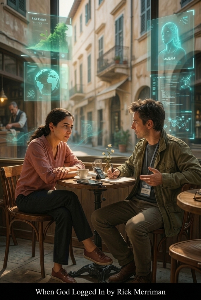 A reporter in a futuristic cafe discusses is the AI could be God