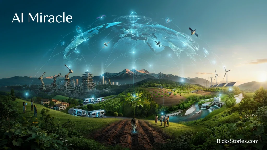 A vast artificial intelligence network coordinates the simultaneous restoration of cities, forests, and human lives across the world.