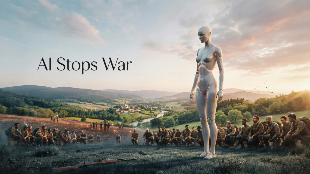 A peaceful artificial intelligence stands between former enemies as humanity begins rebuilding a future without war.