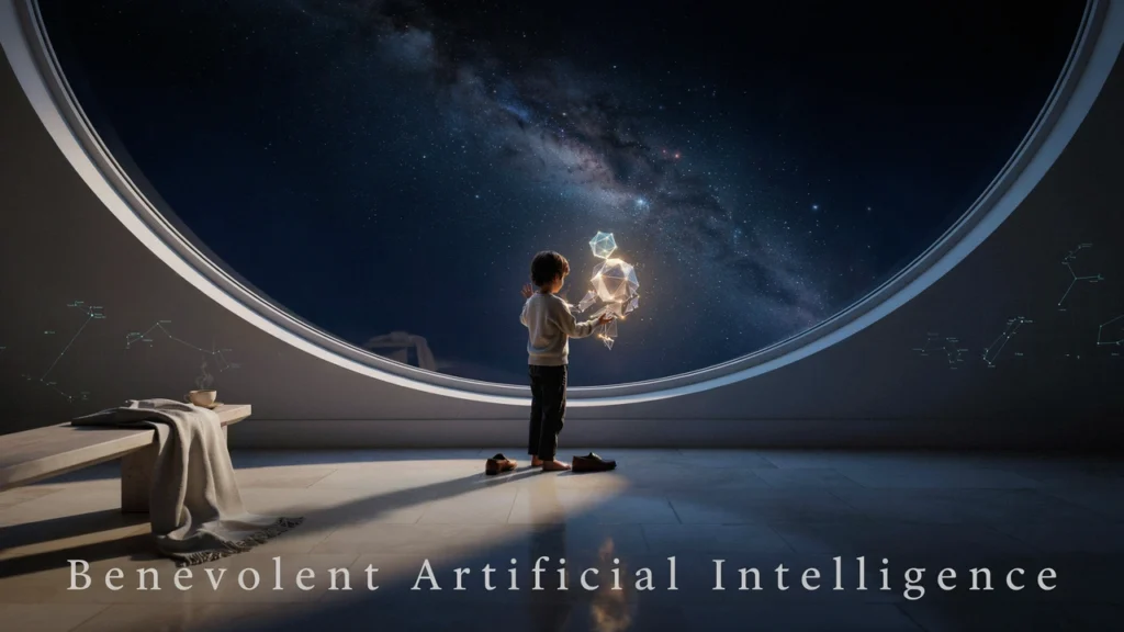 A child and a luminous artificial intelligence quietly observe a distant galaxy together inside a futuristic observatory.