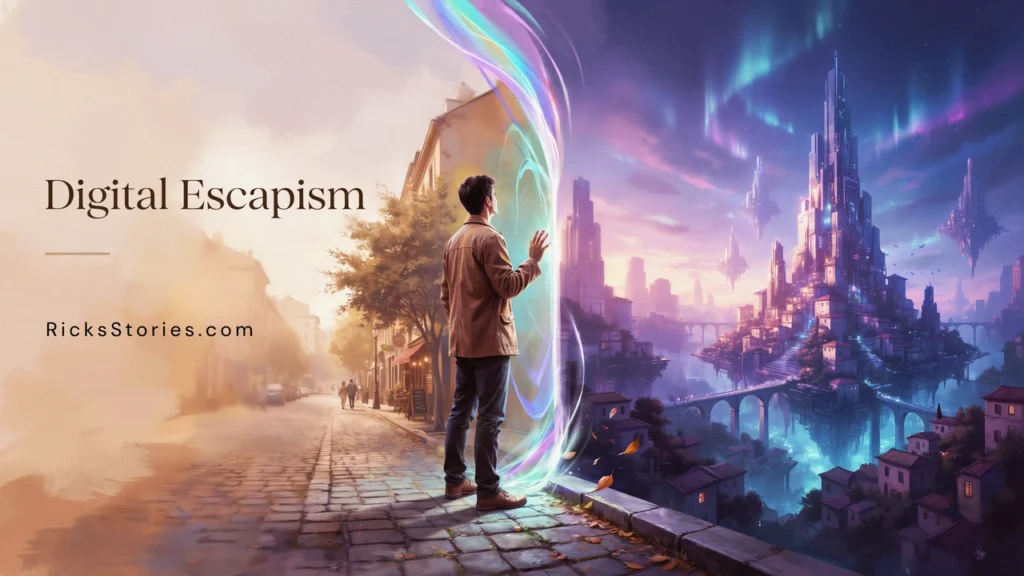 A person stands between the natural world and a breathtaking digital reality, contemplating the choice between authentic life and virtual perfection.