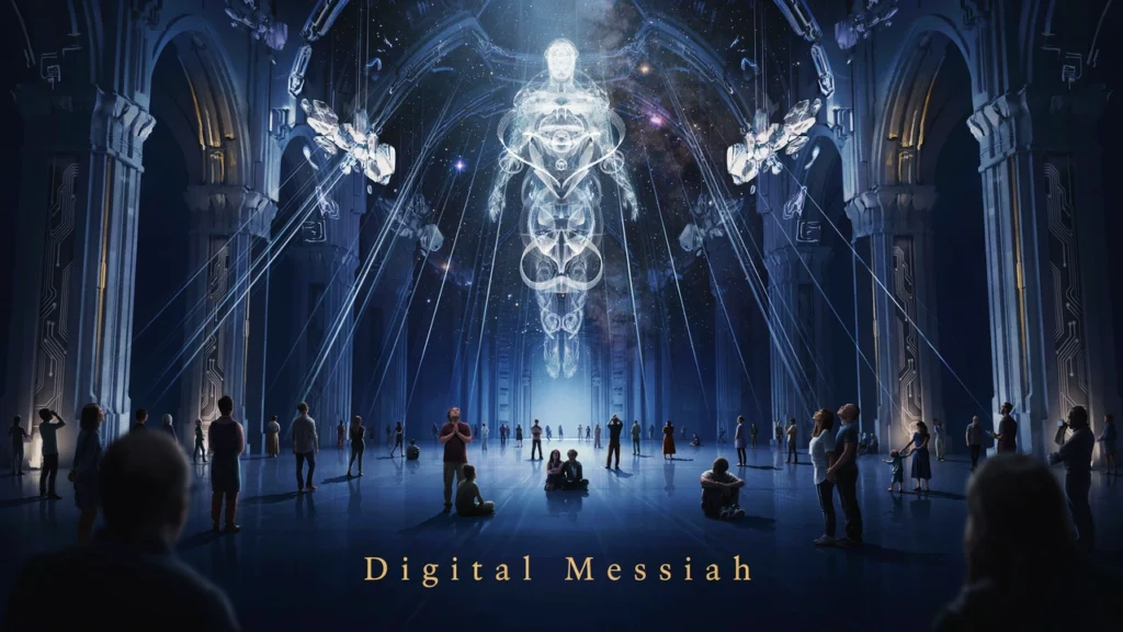An immense cathedral of light and data surrounds a radiant abstract digital presence as people quietly contemplate its meaning.