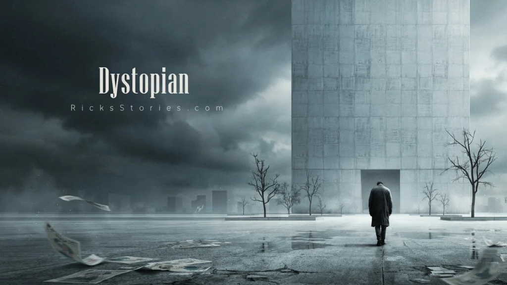 A lone person walks toward an immense oppressive government structure beneath dark skies in a bleak dystopian landscape.