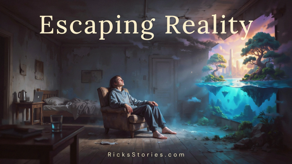 A solitary person is slowly enveloped by an AI-generated digital world that is far more beautiful than the bleak reality surrounding them.