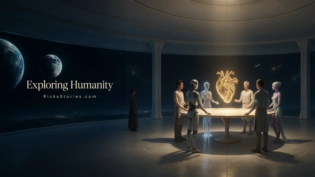 An orbital observatory compares humans, artificial intelligence, enhanced people, and alien life while exploring what truly defines humanity.