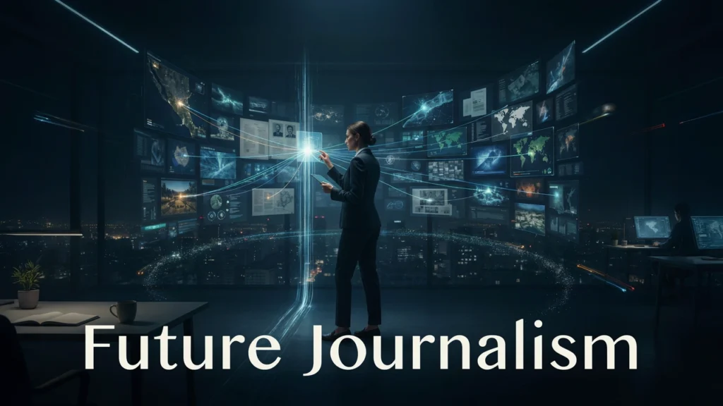 A journalist in a futuristic newsroom analyzes streams of digital information to uncover the truth.