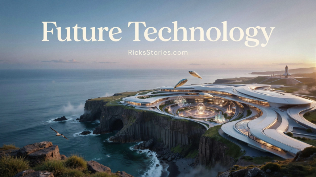 An advanced research facility showcases elegant future technologies overlooking the ocean at sunrise.