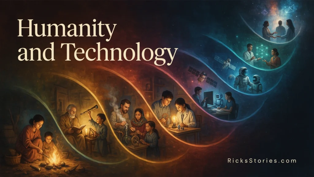 A spiral journey through history shows humanity advancing alongside technology from simple tools to future space exploration.