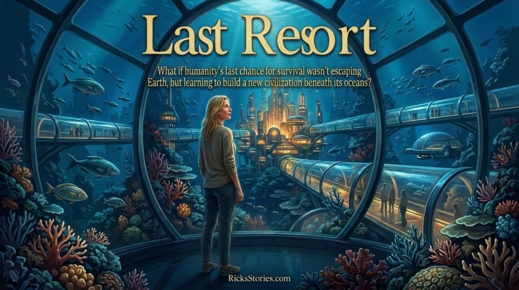 a woman in and underwater observation room viewing a sprawling city below the ocean
