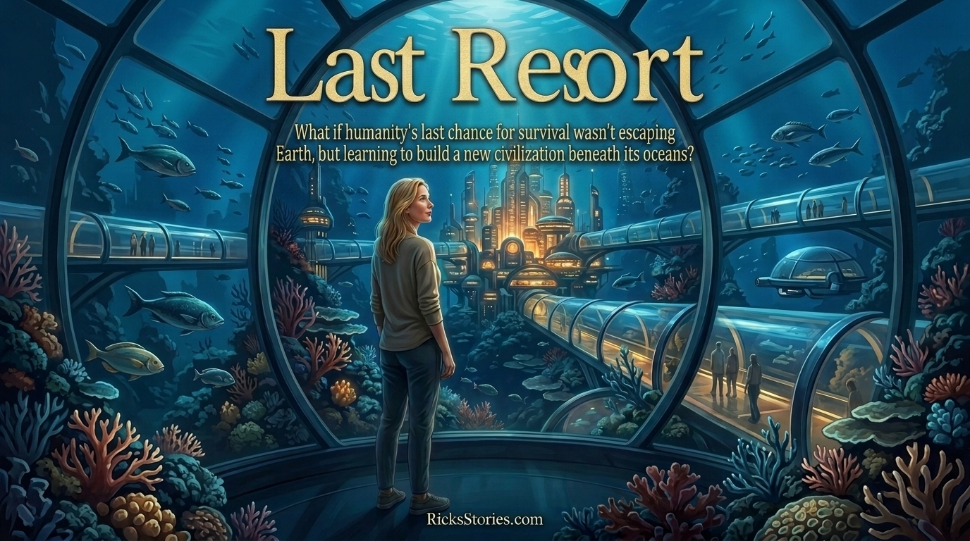 a woman in and underwater observation room viewing a sprawling city below the ocean