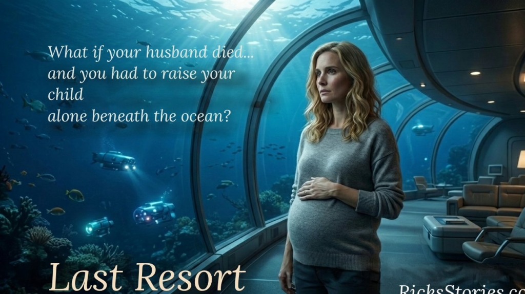 a grief stricken pregnant woman in an underwater city stare out at the expanse of the ocean