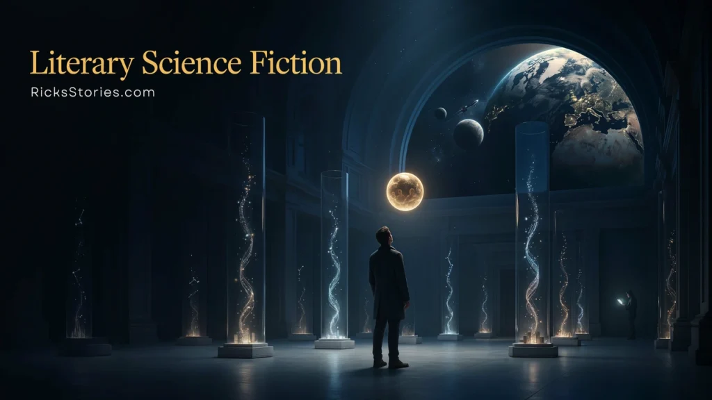 A lone traveler explores a futuristic archive where advanced knowledge, artificial intelligence, and humanity's possible futures are preserved.