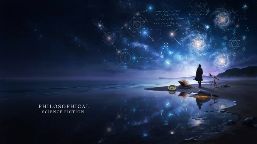 A lone figure stands on a cosmic shoreline beneath a universe filled with mystery, symbolizing humanity's search for meaning and understanding.