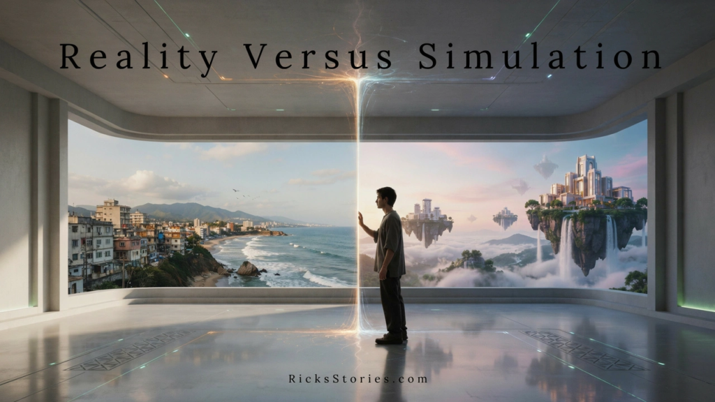 A solitary observer stands where the real world and an AI-generated simulation merge into a single seamless reality.