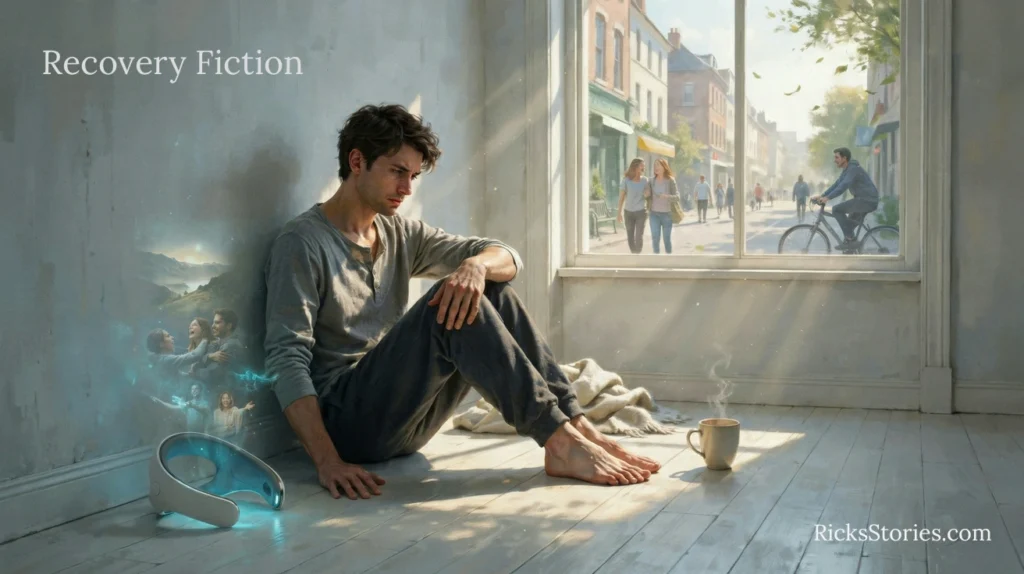 A recovering individual endures withdrawal from an advanced immersive AI technology while sunlight and authentic life offer hope beyond addiction.