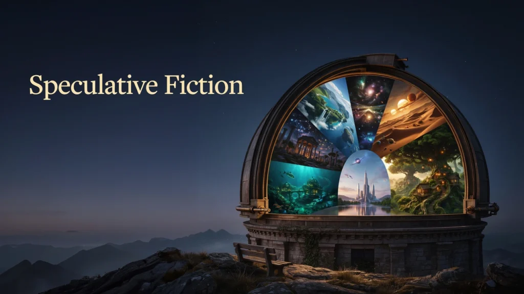 A grand observatory opens onto countless extraordinary worlds, symbolizing the limitless imagination of speculative fiction.