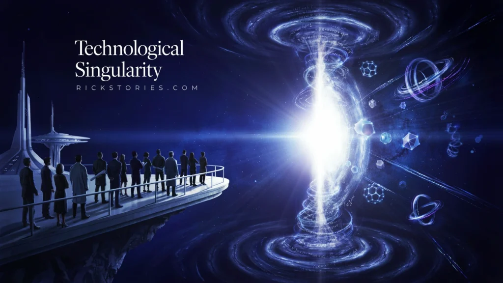 People stand before a brilliant technological singularity as intelligence and the future expand beyond human understanding.