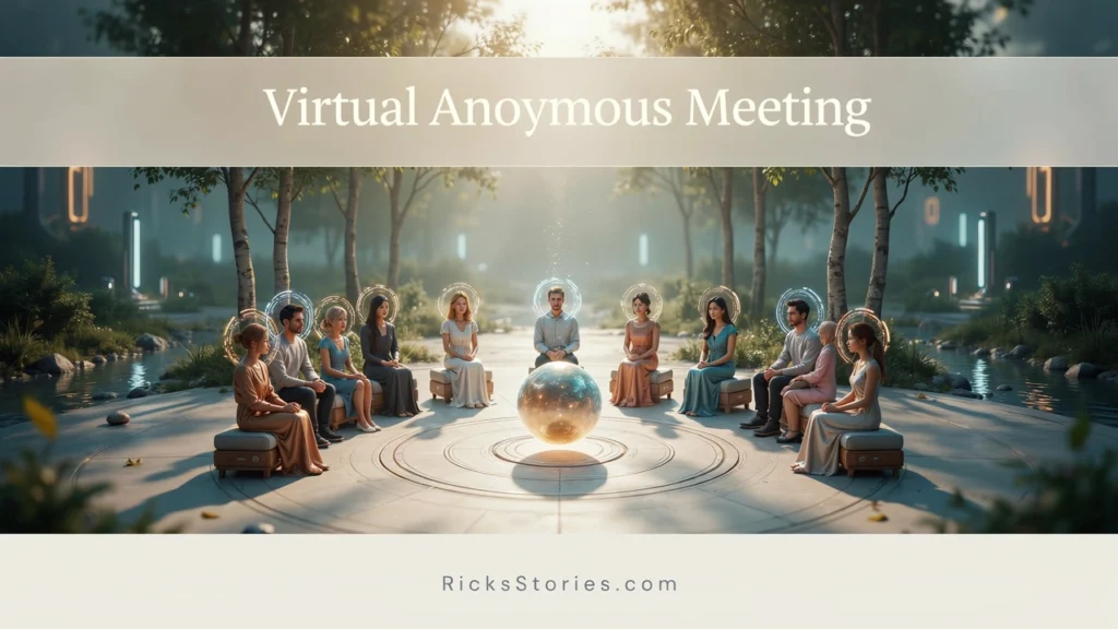 Realistic holographic avatars gather in a secure virtual recovery meeting designed to foster anonymity, trust, and human connection.