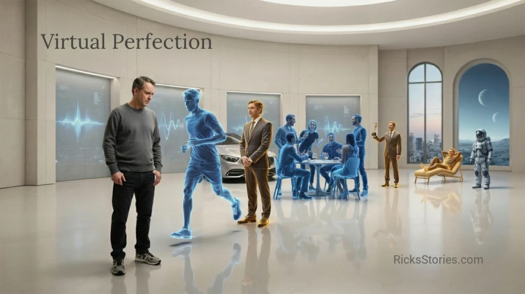 A person stands surrounded by AI-generated perfected versions of their own life, each more ideal than reality.
