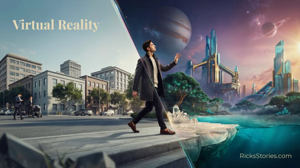 A person walks through an ordinary city while an advanced virtual reality system transforms the world immediately around them into a breathtaking futuristic landscape, creating two realities in the same physical space.