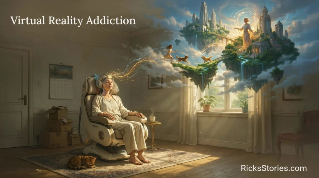 A person lost in an advanced virtual reality remains motionless while a magnificent digital world contrasts with their neglected physical surroundings.
