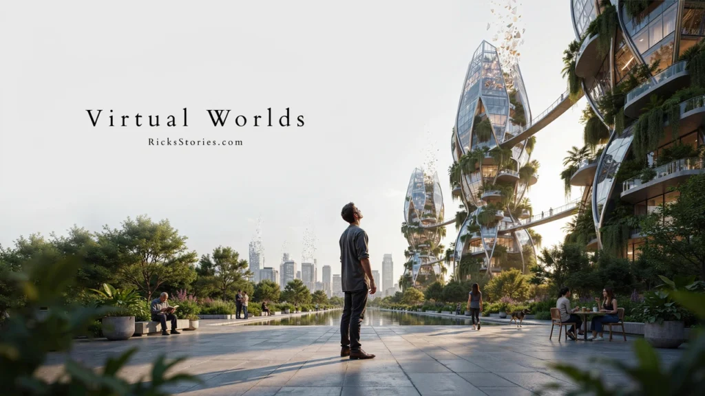An ultra-realistic futuristic city subtly reveals itself to be an artificial virtual world through elegant digital distortions in its architecture.
