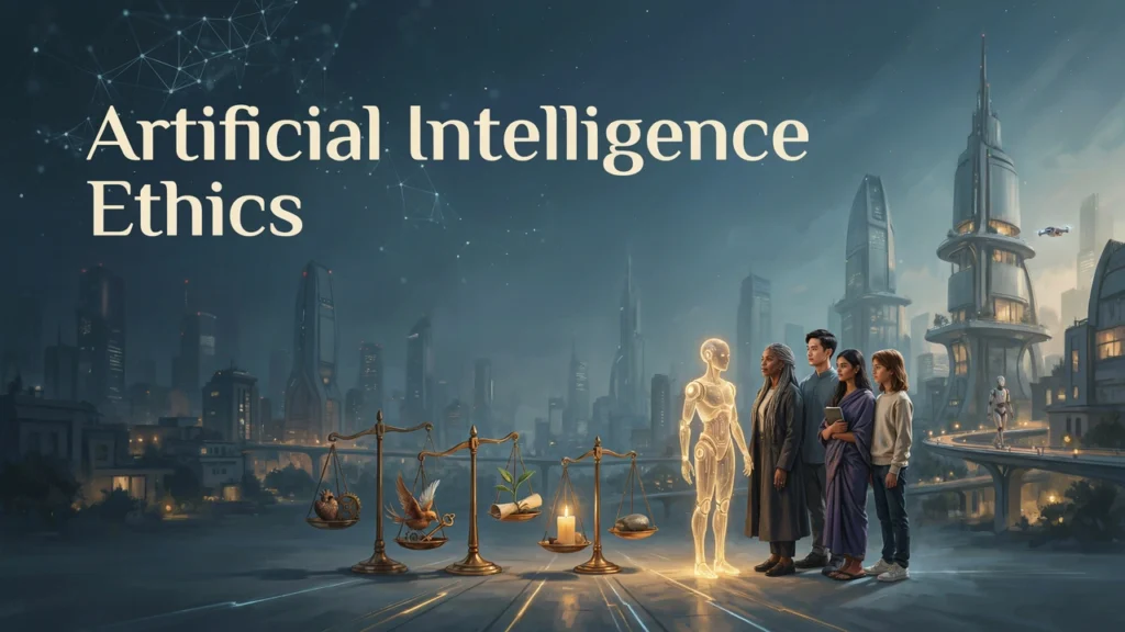 Humans and a luminous artificial intelligence contemplate the ethical choices that will shape the future of technology and humanity.