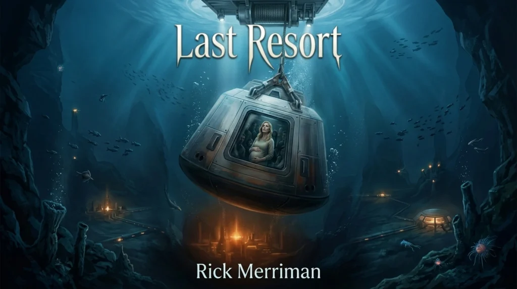 a pregnant woman in a capsule is lowers to a city beneath the ocean