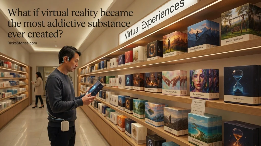 A customer with a neural interface browses beautifully packaged virtual reality experiences displayed like premium products in a futuristic pharmacy.