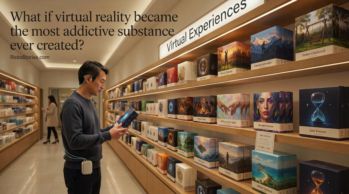 A customer with a neural interface browses beautifully packaged virtual reality experiences displayed like premium products in a futuristic pharmacy.