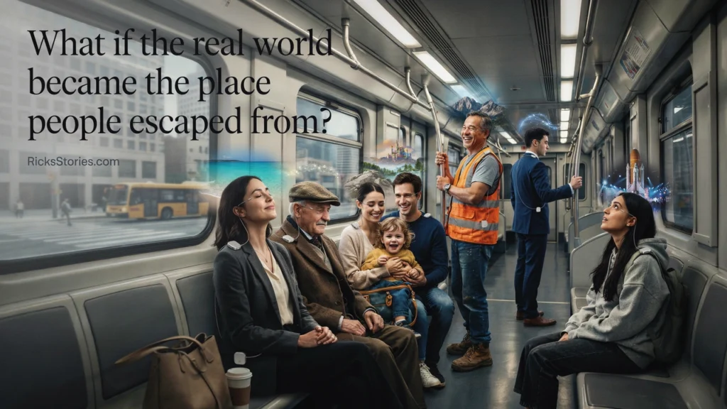 Passengers on a commuter train peacefully experience virtual worlds while ignoring the real city outside.
