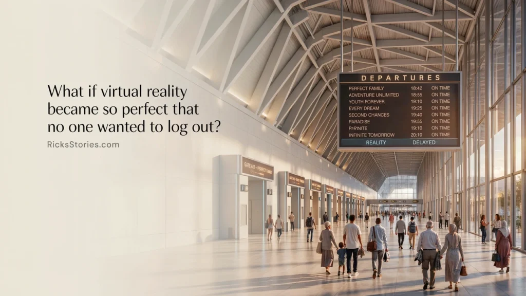 People calmly board departures to virtual worlds while a departure board quietly lists Reality as delayed.