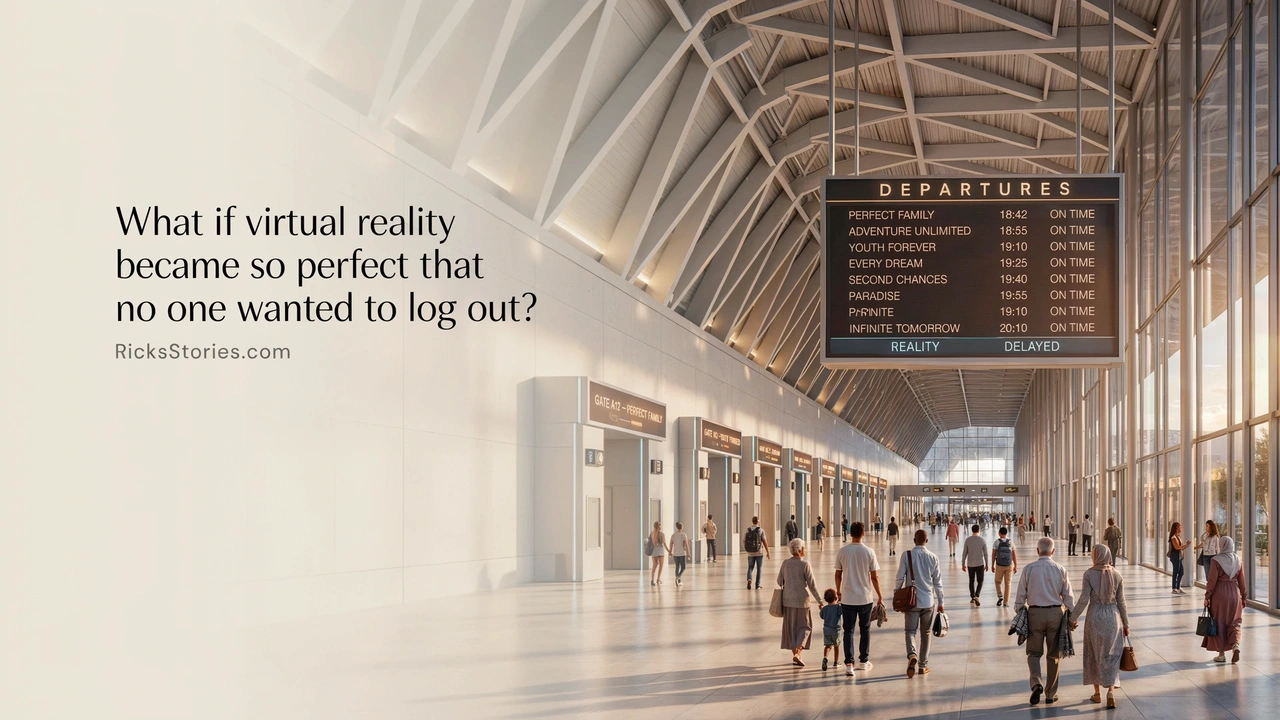 People calmly board departures to virtual worlds while a departure board quietly lists Reality as delayed.