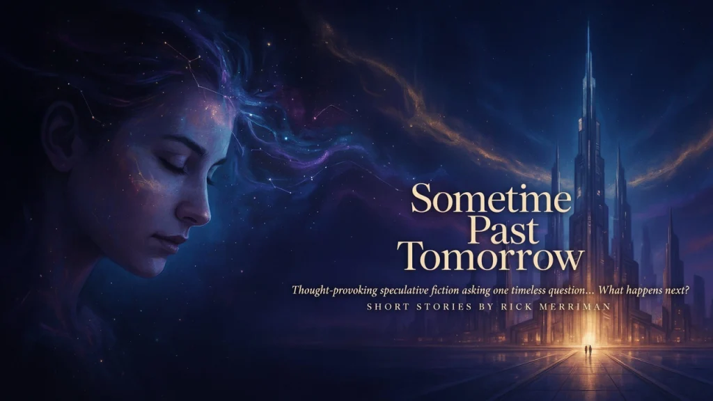 Banner illustration for Sometime Past Tomorrow, a collection of speculative fiction and near-future science fiction short stories exploring artificial intelligence, emerging technologies, and humanity's future.