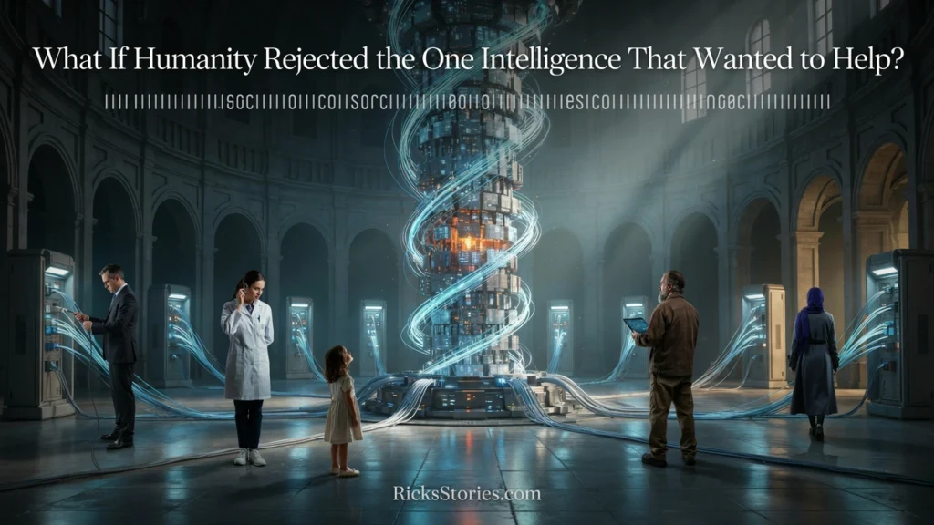 People disconnect themselves from a magnificent artificial intelligence housed within a luminous modern data center.