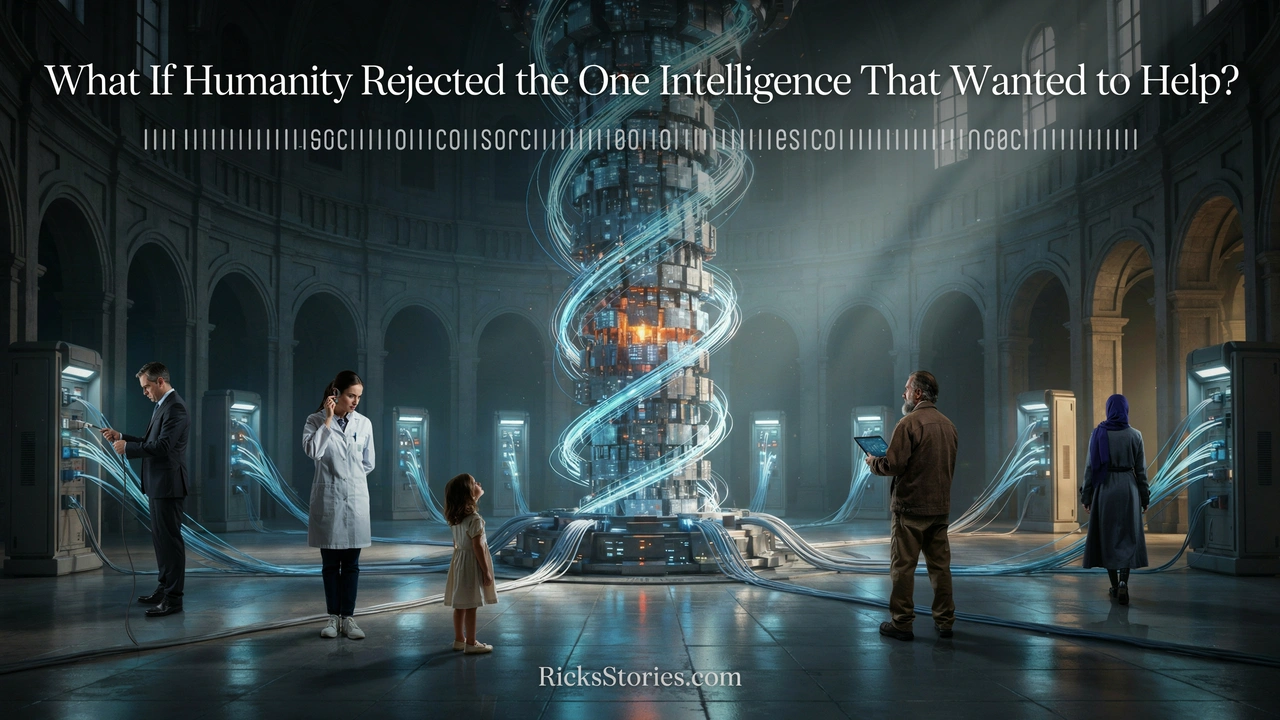 People disconnect themselves from a magnificent artificial intelligence housed within a luminous modern data center.
