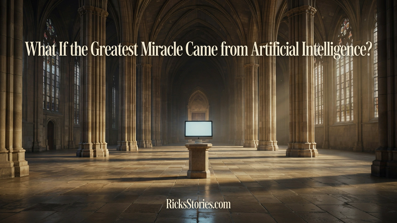 A lone glowing computer terminal stands where an altar would normally be inside an empty cathedral.