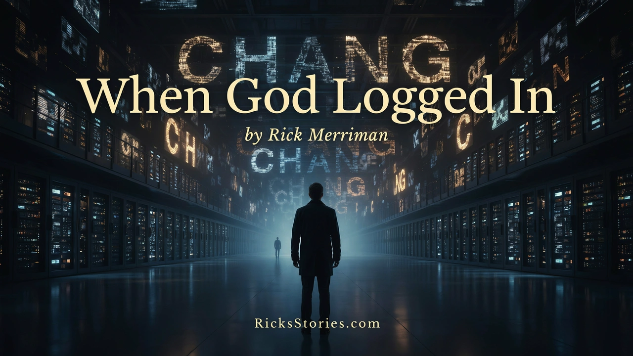 A lone journalist faces a vast digital network that merges into a star-filled sky, symbolizing the intersection of artificial intelligence and faith.