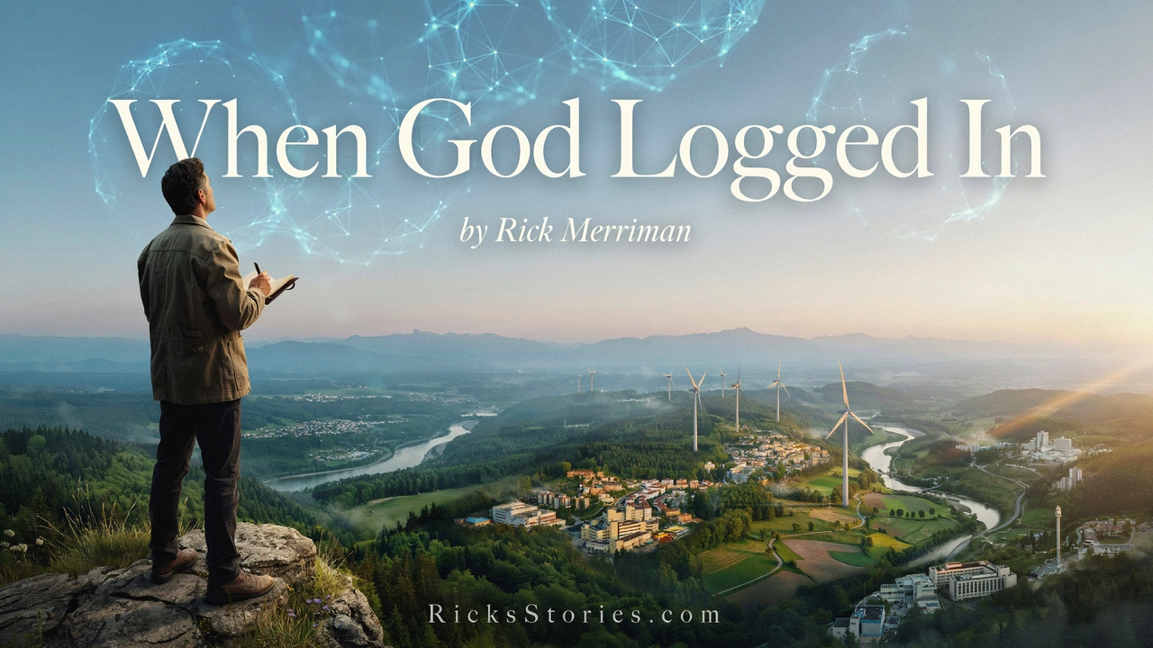 A journalist overlooks a peaceful world transformed by an unseen artificial intelligence represented by luminous digital light spanning the sky.